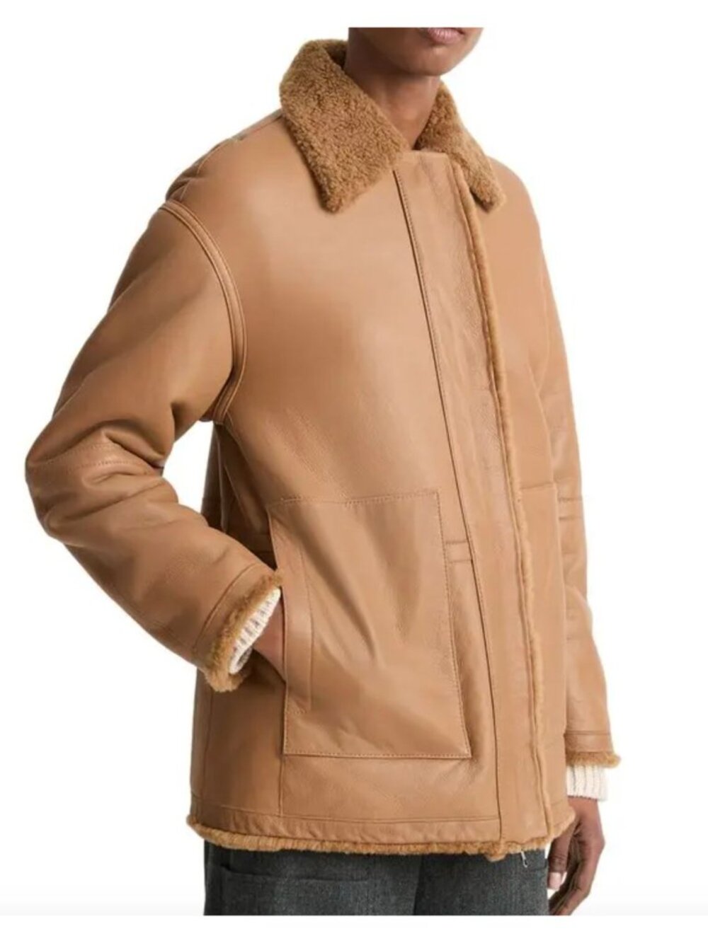 VINCE Reversible Shearling Jacket Coat Camel Leather Size XXS - Picture 2 of 5